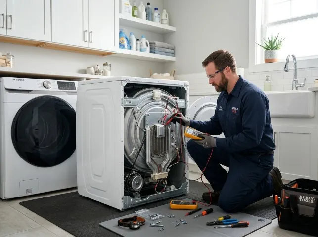 Appliance Repair Hero technician checking a dryer heating element with the rear panel off in Audubon, PA