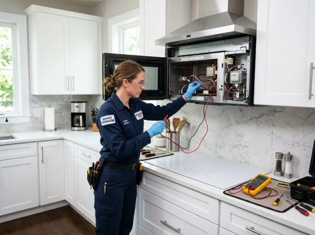 Appliance Repair Hero technician testing an over-the-range microwave in a Audubon, PA kitchen