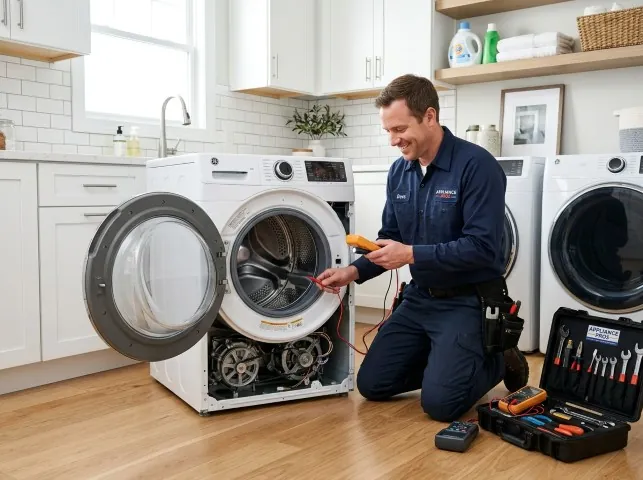 Appliance Repair Hero technician testing a front-load washer with a multimeter on a Audubon, PA service call